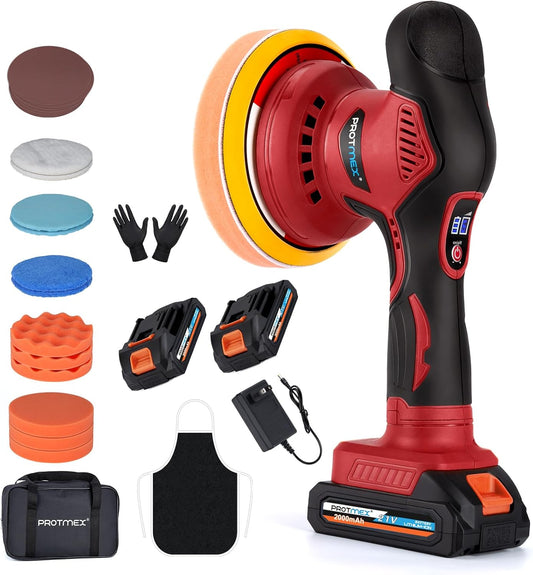 Cordless Car Buffer Polisher w/ 2x2000mAh 21V Batteries, 6 Inch Car buffer Waxer Kit, Car Polishing Machine w/ Extra 18 PCS Attachments & 6 Variable Speed, Car Buffer Polisher for Car Detailing (Red)