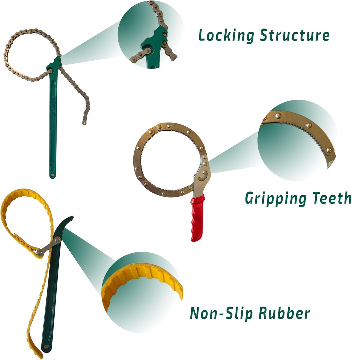 Rubber Strap Wrench - Oil Filter Wrench Set - 15 Inch Chain Wrench - Handcuff Wrench - Adjustable - Heavy Duty