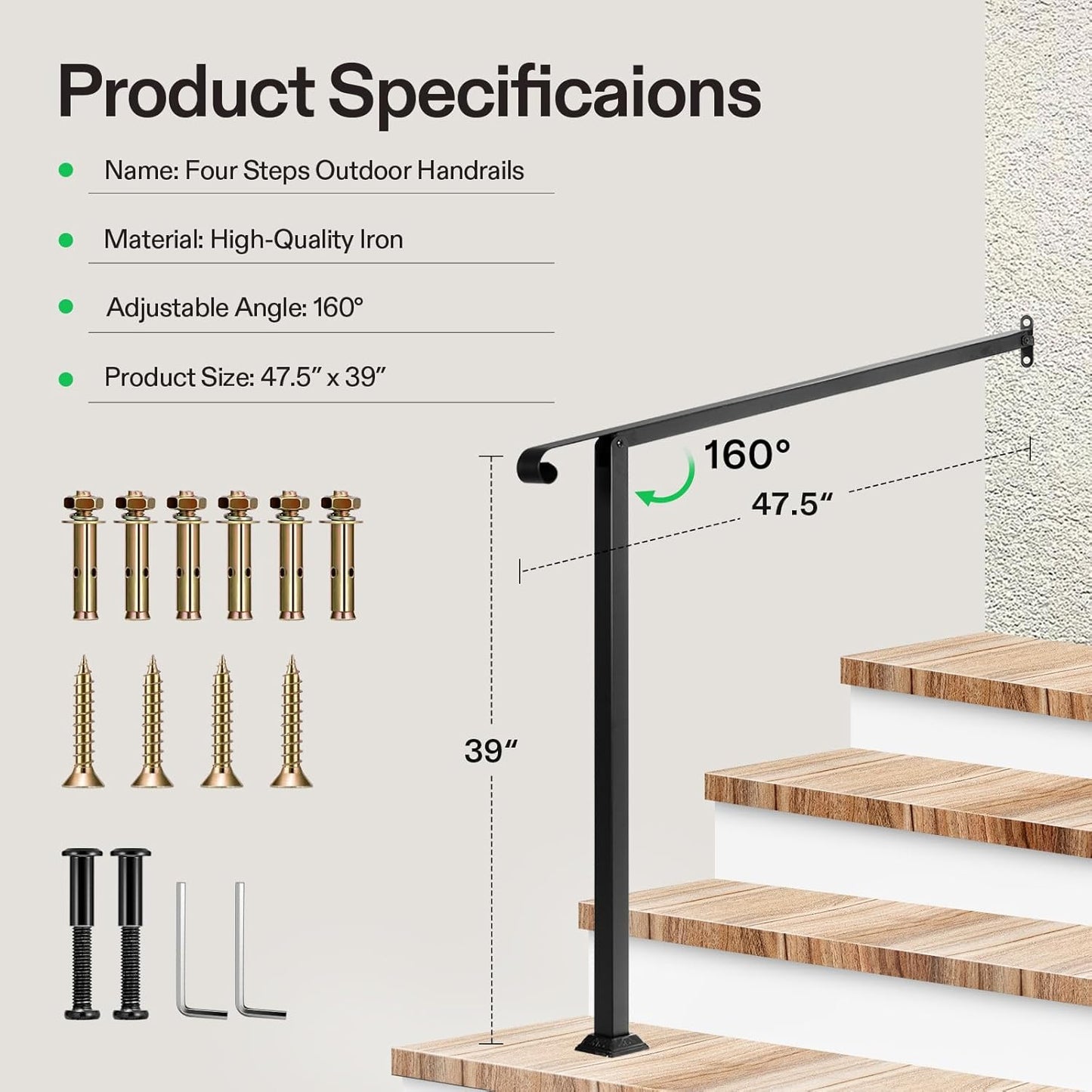 VIVOSUN Outdoor Handrail, 4 Step Stair Handrail, 47.5" x 39" Fits 1 to 4 Steps, Wrought Mattle Iron Stair Railing with Single Curved End for Concrete Steps, Porch Steps, One-Step Assembly, Black