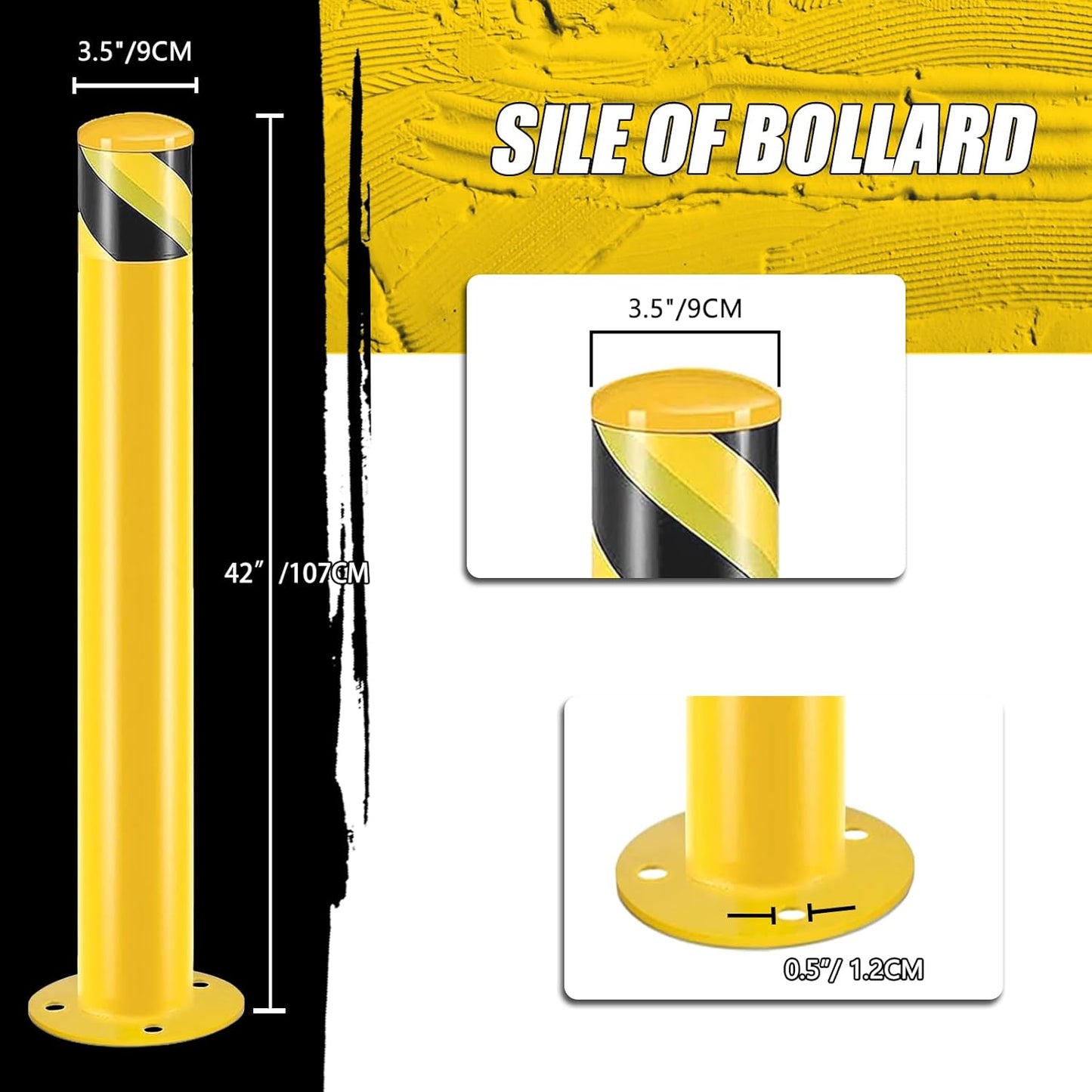 Safety Bollard Post, Steel Bollards,Parking Bollard, Yellow Powder Coated Safety Parking Barrier Post, for Traffic Sensitive Areas (4, 42"H*3.5"D)