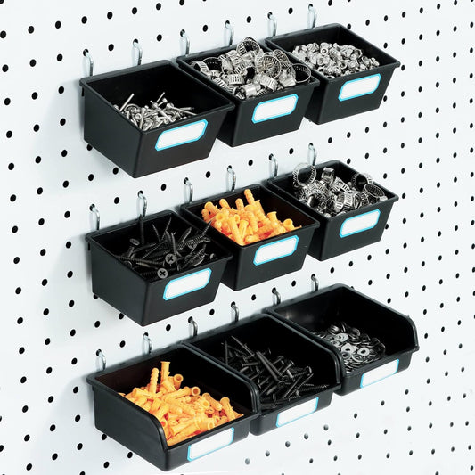 FRIMOONY Pegboard Bins with Hooks and Labels, for Organizing Accessories, 6 Pack Type A and 6 Pack Type B, Black