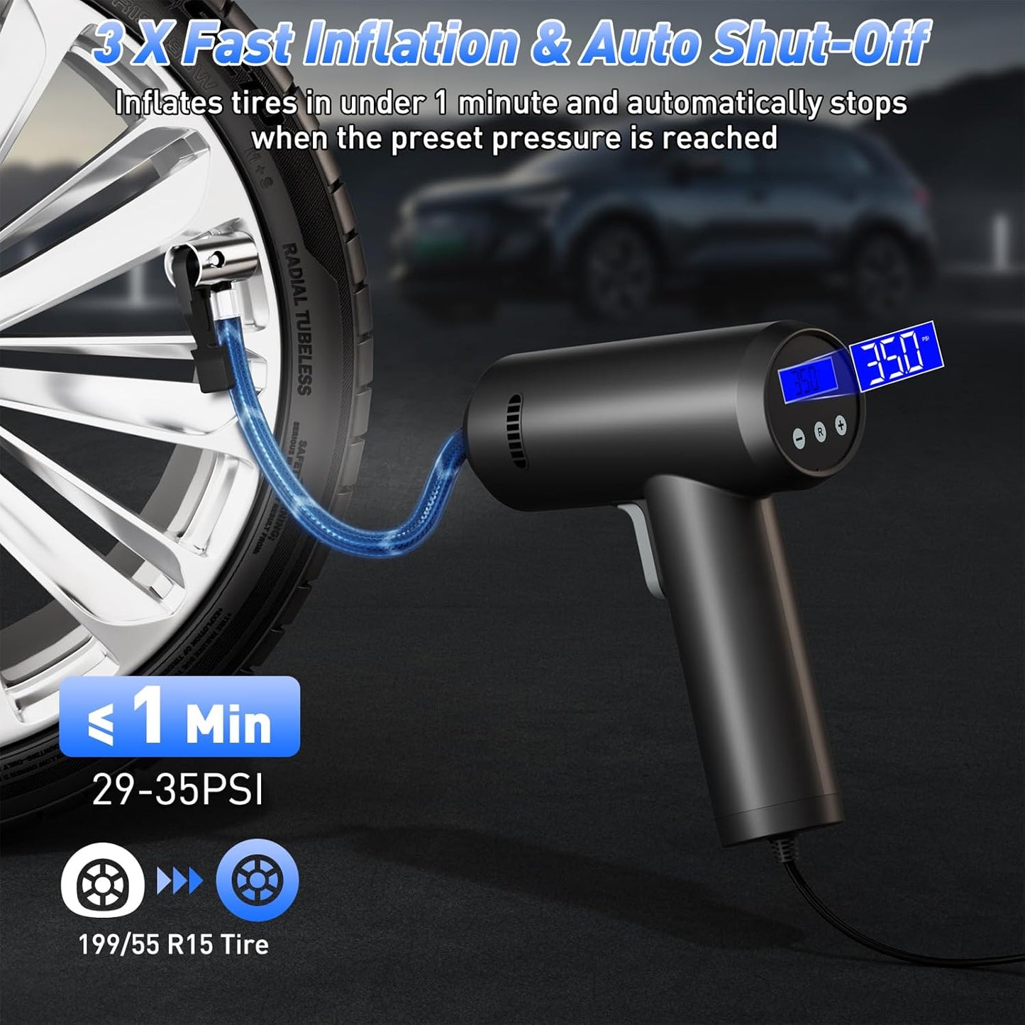 Tire Inflator – High-Power 12V Car Air Pump for Fast Tire Inflation | Auto Shut-Off, LED Display & Compact Design for Cars, Motorcycles & Bikes