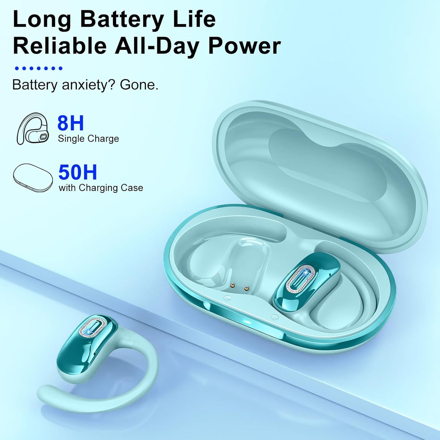 Open Ear Headphones, Bluetooth 5.4 Earbuds, 50H, Air Conduction Ear buds, HD Stereo Bass Over Ear Earphones with Earhooks, Ultra-Comfort Secure Fit, IPX7 Waterproof Headset for Working Sports, Blue