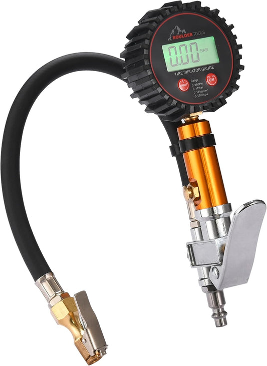 Boulder Tools Tire Pressure Gauge with Inflator - Heavy Duty 0-250 PSI LED Digital Tire Inflator Gauge with Air Chuck Lock, Bleed Valve - Air Compressor Accessories for Car, Motorcycle, Bicycle Tires