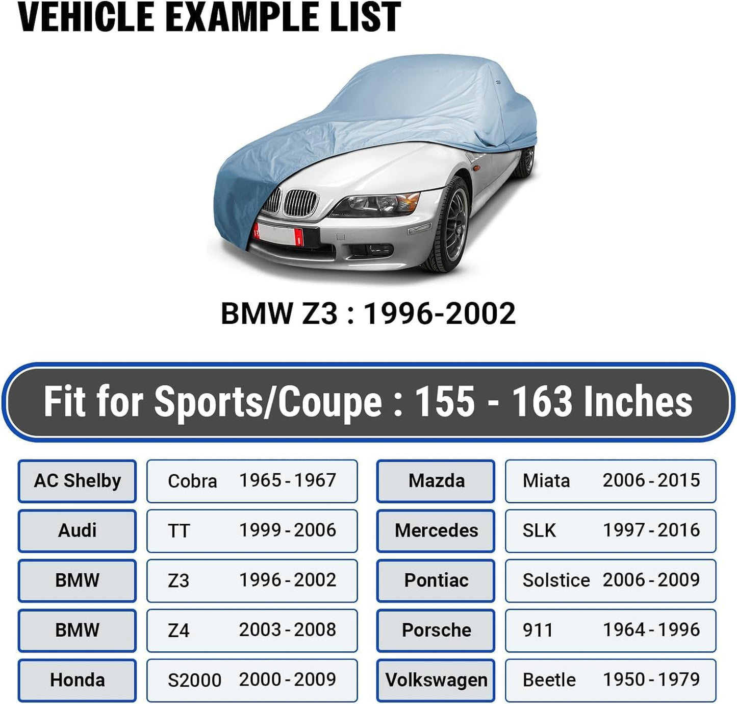 iCarCover 18-Layer Car Cover Waterproof All Weather, Premium Quality Car Covers for Automobiles, UV Protection, Z3, Z4, Crossfire, Solstice, Miata MX-5, Fits 155-163 Inches