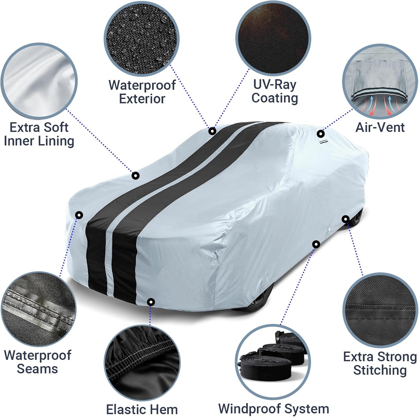 iCarCover Custom Car Cover for Chevy Kingswood (1969-1973) Waterproof All Weather Rain Snow UV Sun Protector Full Exterior Indoor Outdoor Car Cover (Stripe - Gray/Black)