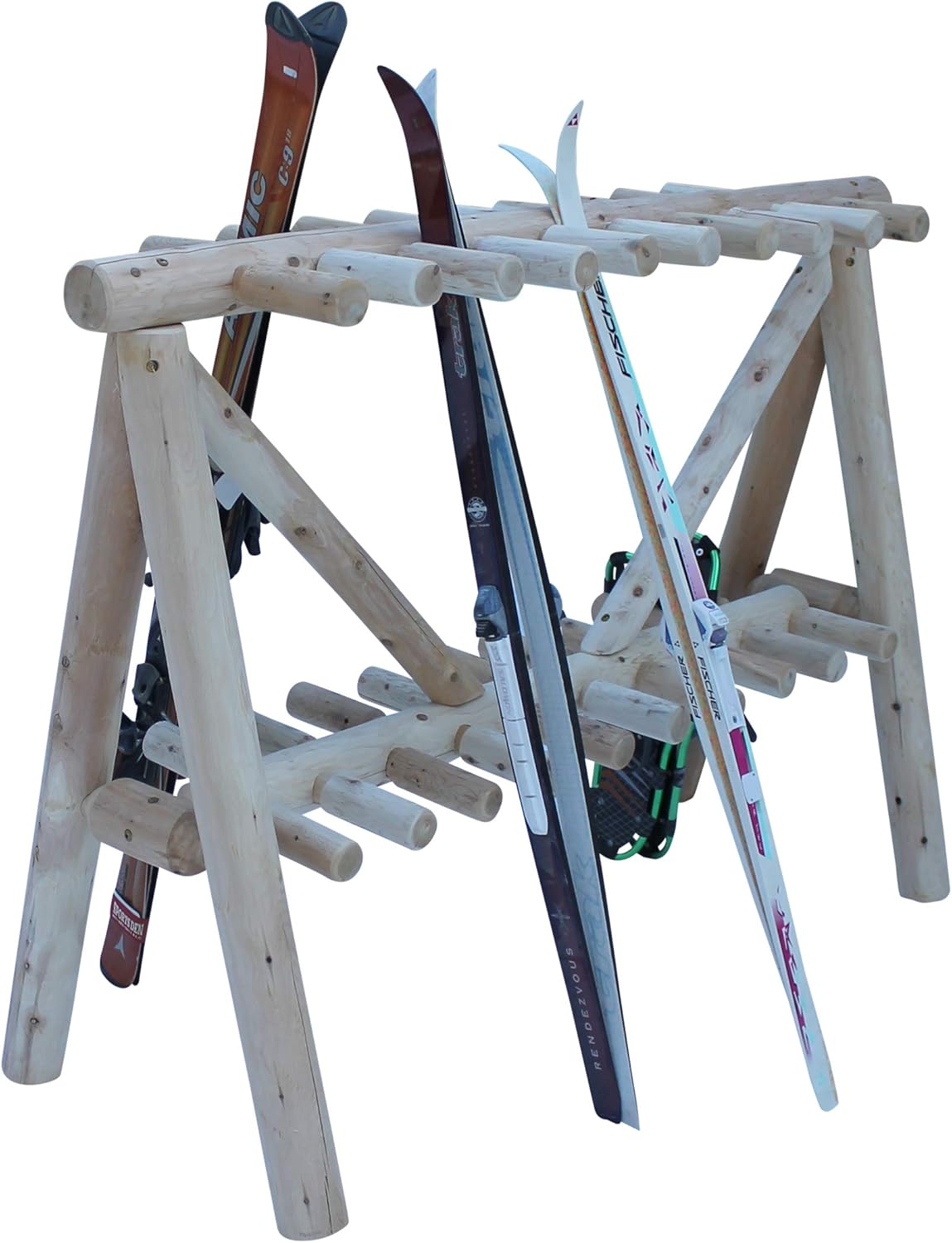 21-Place Freestanding Log Ski Rack Holder, Indoor & Outdoor Snowboard Racks, Standing Storage, Garage Racks for Snow Skis & Poles, Durable Snowboard Rack Garage Storage Organizer - Unfinished