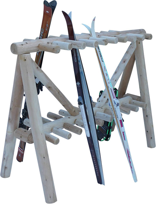 21-Place Freestanding Log Ski Rack Holder, Indoor & Outdoor Snowboard Racks, Standing Storage, Garage Racks for Snow Skis & Poles, Durable Snowboard Rack Garage Storage Organizer - Unfinished
