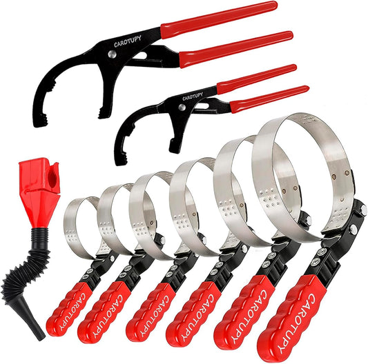 9pcs Oil Filter Wrench Set, 9" and 12" Oil Filter Pliers with Oil Snap Funnel for Automotive Oil Change, Adjustable Oil Filter Removal Tool From 1-3/4" to 6"
