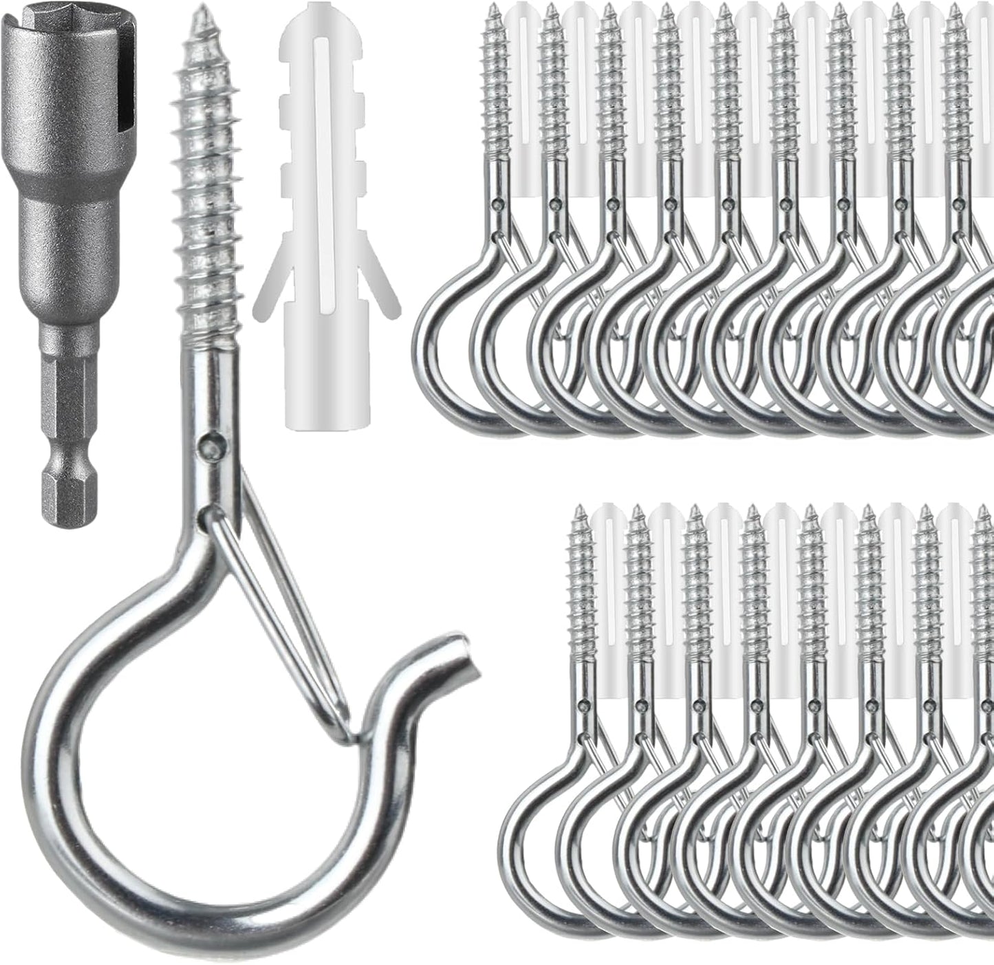 36 PCS Q-Hanger Hooks, Screw Hooks for Outdoor String Lights, Safety Buckle Design Cup Eye Hook for Hanging Christmas Lights, Plants, Mounted on Wall Ceiling, Include 1 Wing Nut Driver, Silver