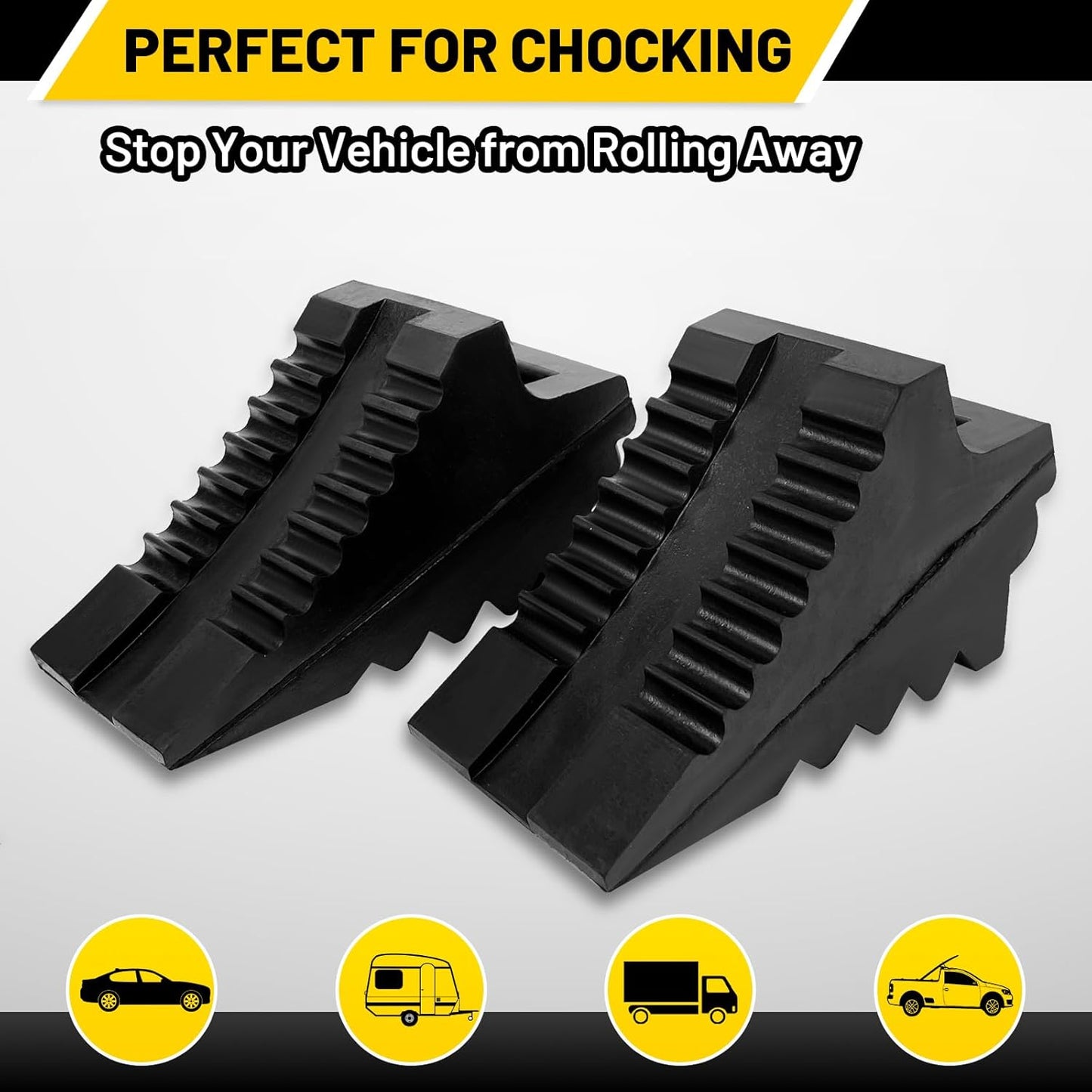 ROBLOCK Solid Rubber Wheel Chocks Heavy Duty Trailer Chock, G.V.W. Up to 4T, 2 Pack Black, 8.6" L x 3.7 W x 4.7" H for Car, Travel Trailers, RV, Truck, and ATV, for All Weather Use