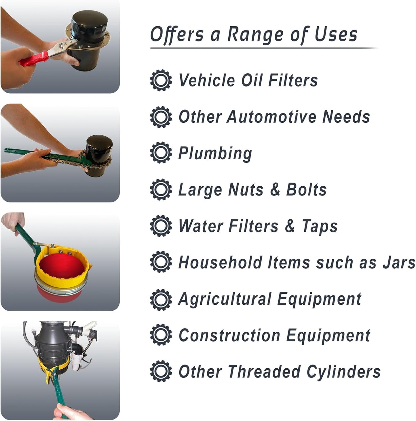 Rubber Strap Wrench - Oil Filter Wrench Set - 15 Inch Chain Wrench - Handcuff Wrench - Adjustable - Heavy Duty