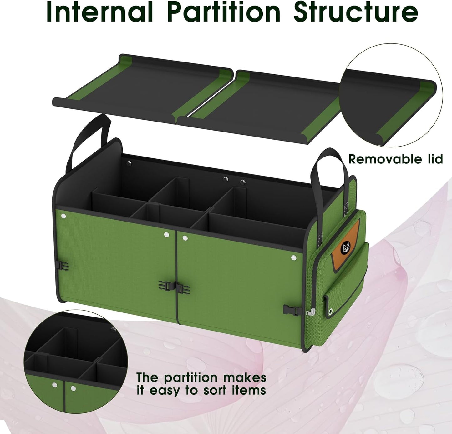 Foldable Waterproof Car Organizer with Non-Slip Traction Rope, 23.2”x13.8”x11.8” Heavy-Duty Trunk Organizer for SUV, Car Essentials List, Portable Vehicle Organizer,GREEN-M003