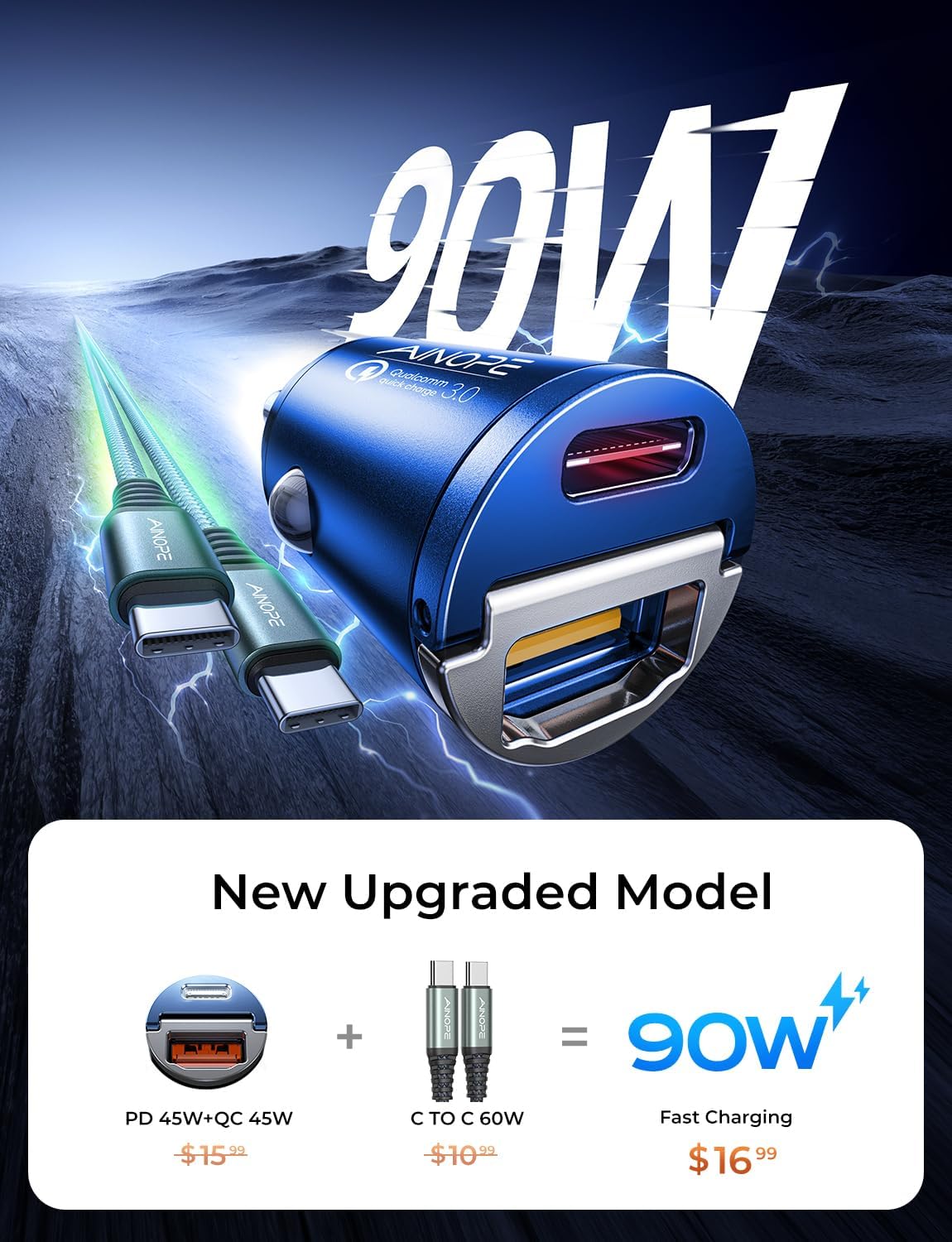 AINOPE 90W Super Fast Car Charger, Invisible USB C 45W Car Charger Fast Charging Type C, [Mini&Metal] Cigarette Lighter USB Adapter Fits Samsung Galaxy S25 Ultra S24 iPhone 16 15 Pro Max Piexl, Blue