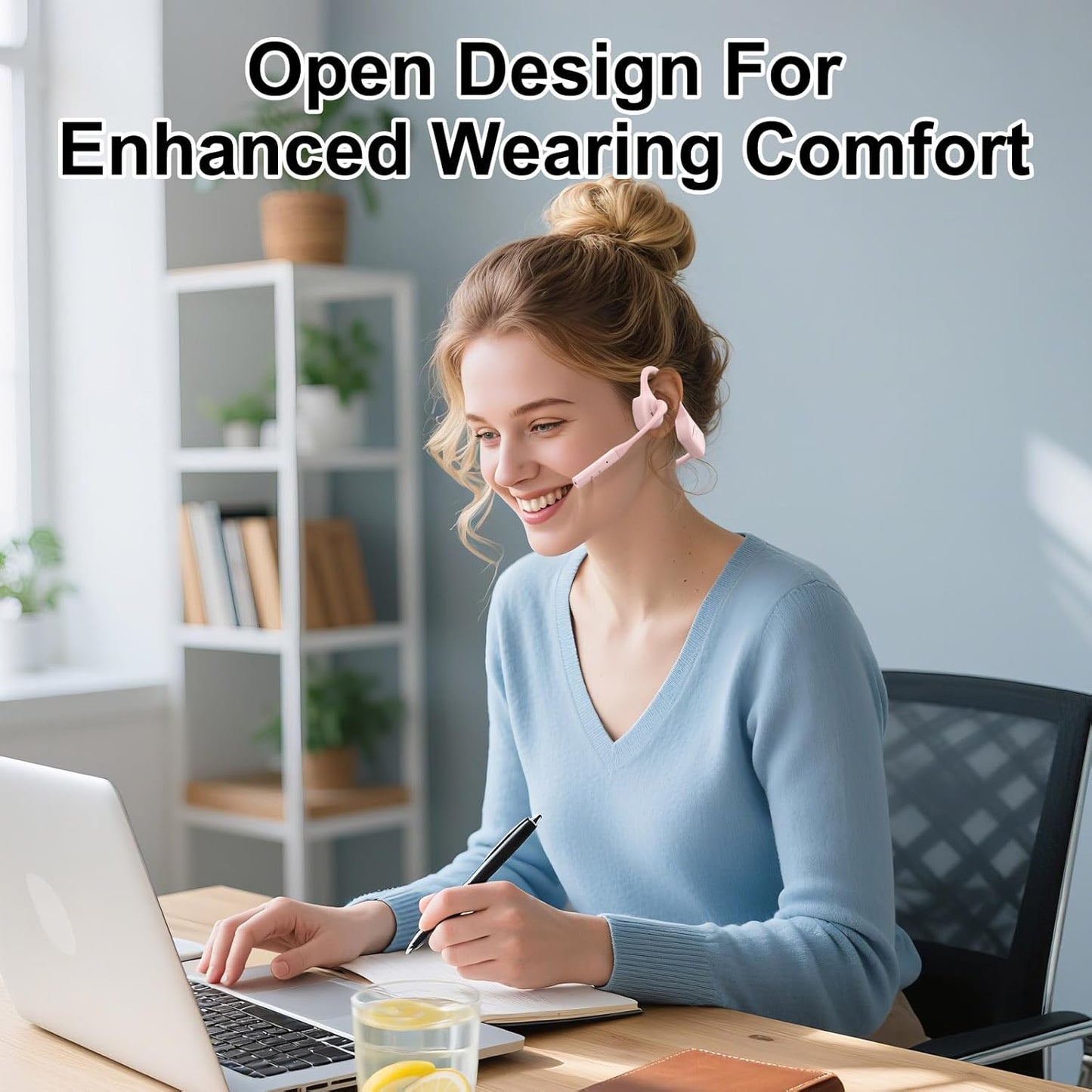 Open Ear Bluetooth Headphones with Microphone, Noise Cancelling Wireless Headset with Mute Button, Supports aptX/aptX-LL/aptX-HD, Designed for Meeting, Home Office,Driving -Not Bone Conduction(Pink)