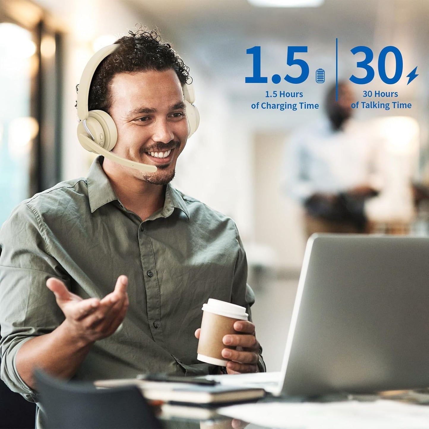 Wireless Headset with Mic, 2.4GHz Bluetooth Headset with AI Noise Cancelling Microphone & Charging Base, Wireless Headphones with USB Dongle for PC (Apricot, L)