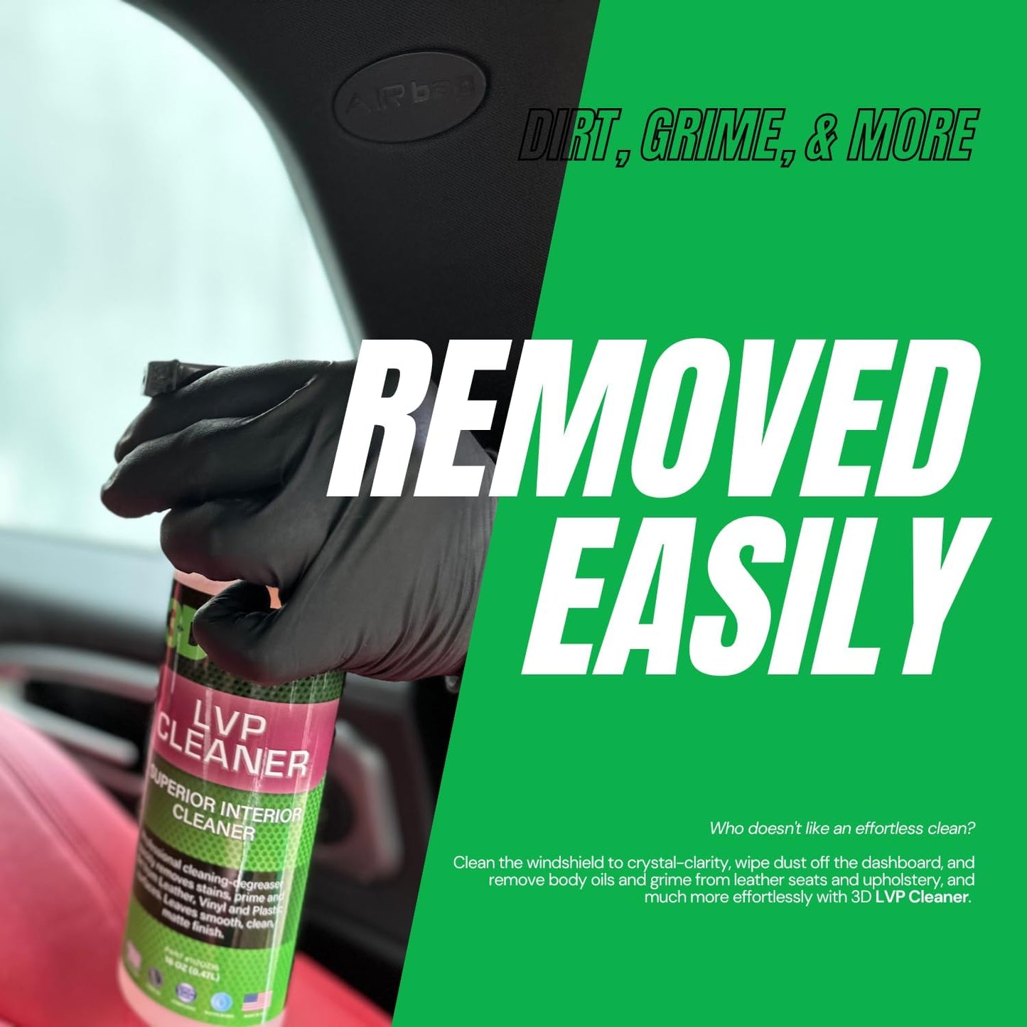 3D LVP Interior Cleaner - Removes Dirt, Grime, Grease, Oil & Stains from Leather, Vinyl & Plastic - Great for Seats, Steering Wheels, Door Panels, Dashboards - Car, Office, Home Use 16oz.