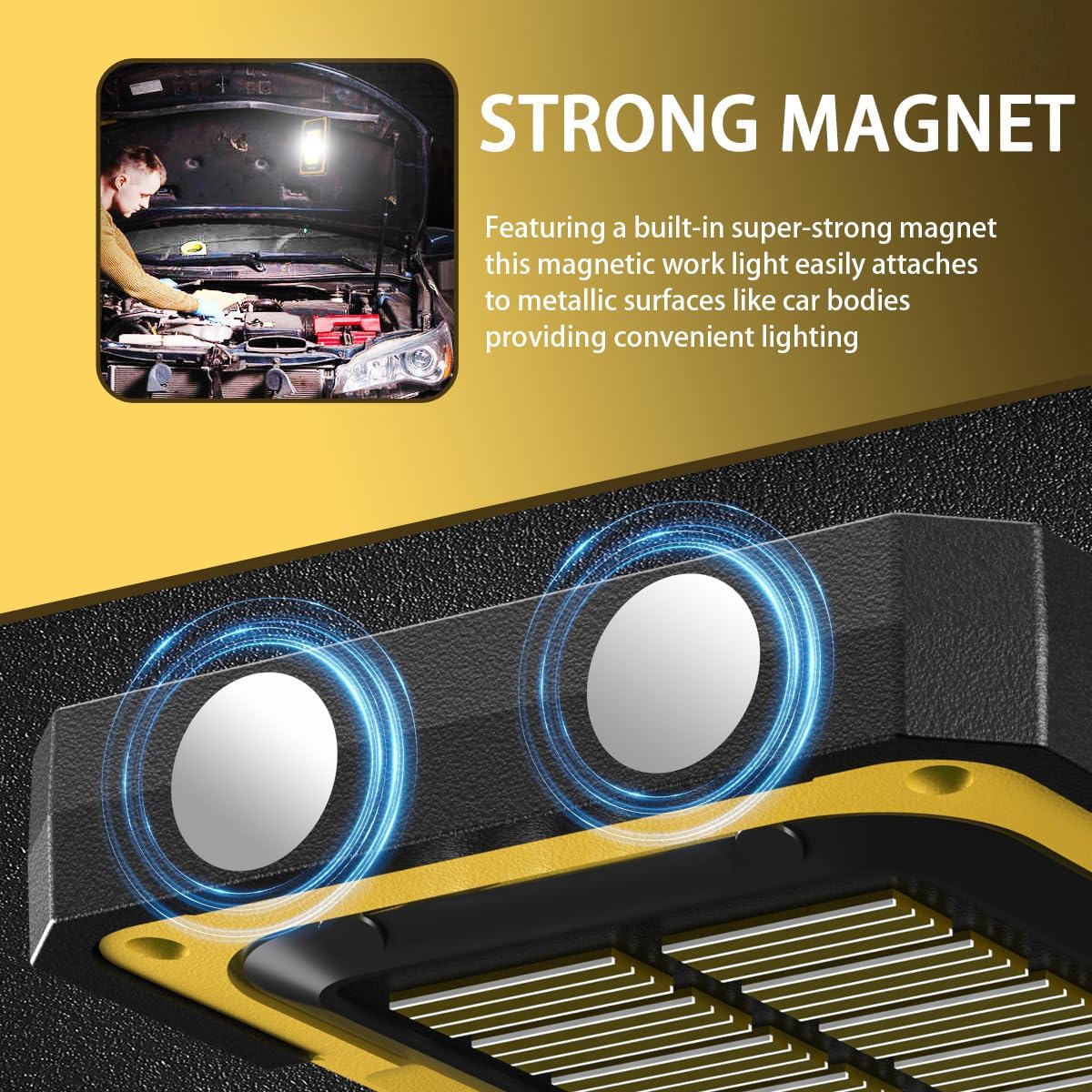 WARSUN Portable Rechargeable Magnetic Work Light, LED Flood Light Waterproof for Outdoor Camping Hiking Emergency Car Repairing (USB + Solar Charging, Yellow)
