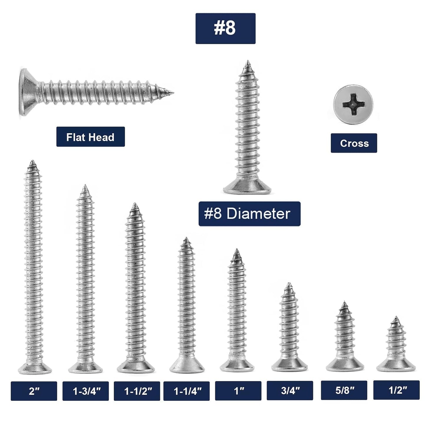 #8 x 1-3/4" Wood Screw 100Pcs 18-8 (304) Stainless Steel Screws Flat Head Phillips Fast Self Tapping Drywall Screws by SG TZH