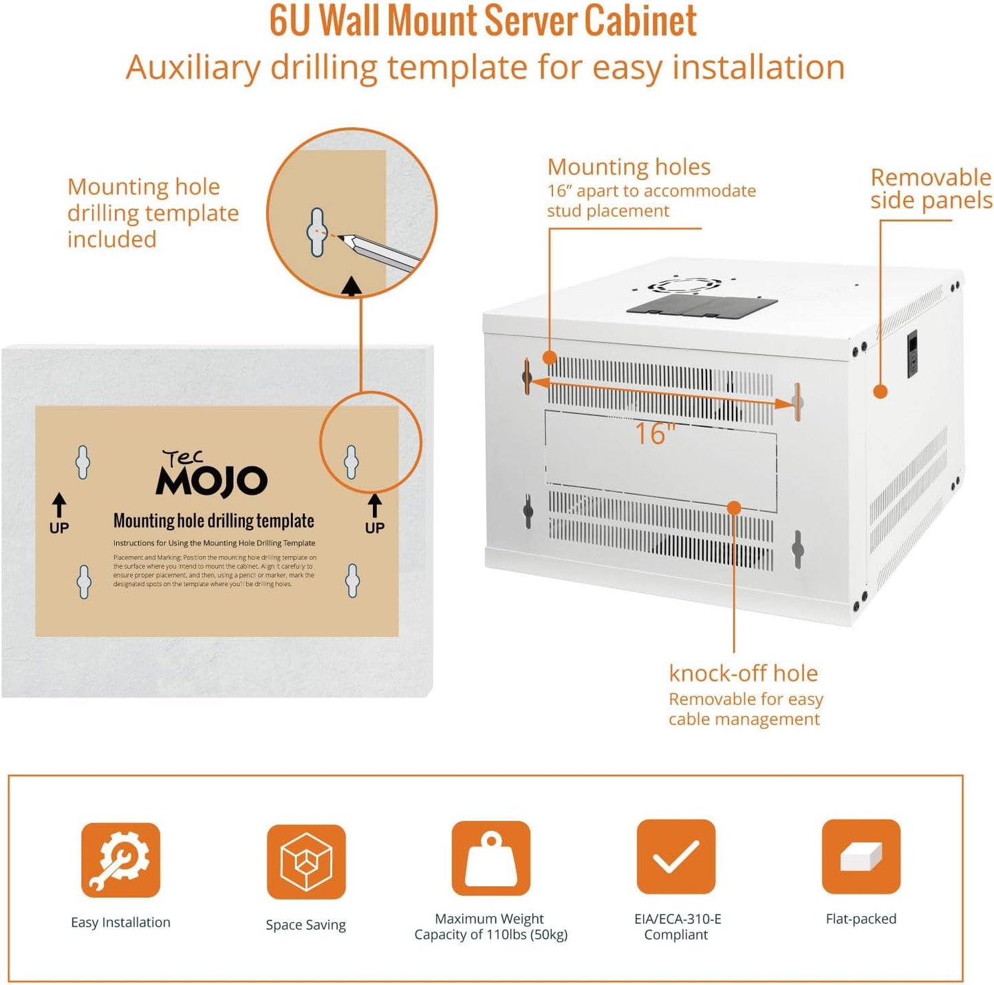 Tecmojo 6U Wall Mount Rack Network Cabinet for 19" IT Equipment,with Lockable Glass Door and Side Panels,Cooling Fan,17.7inch Depth,White