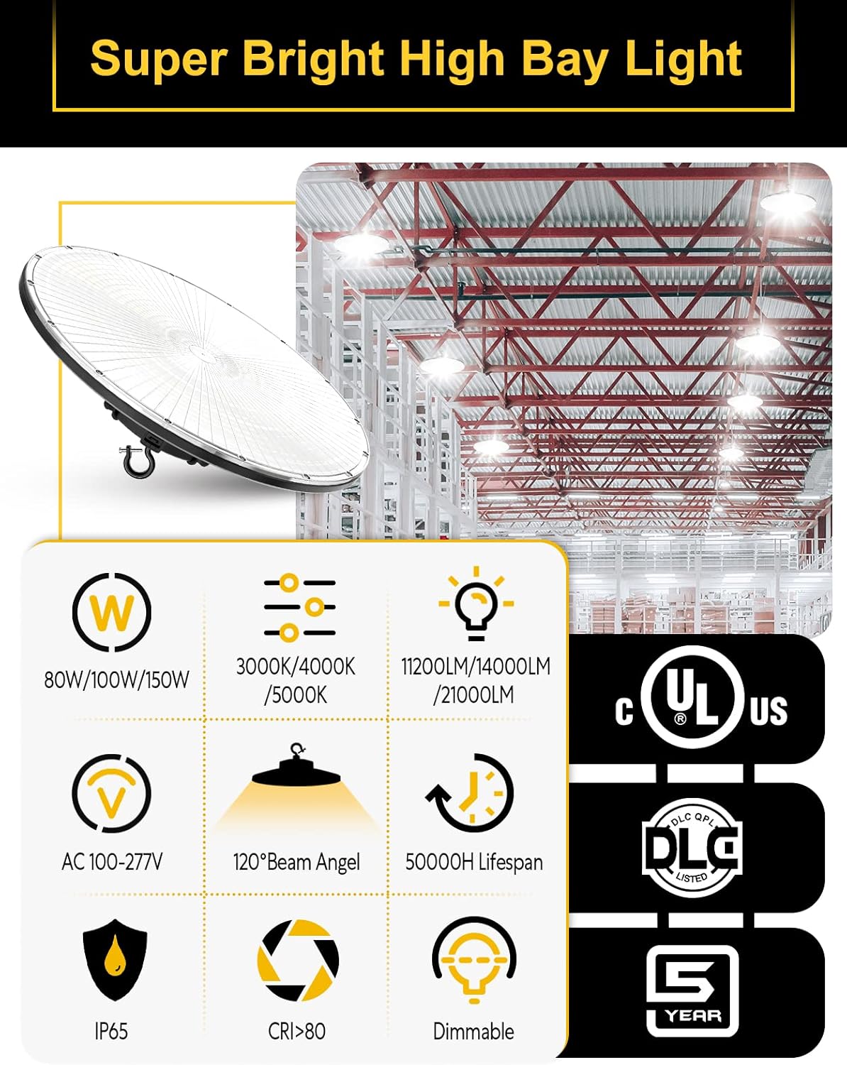 UFO LED High Bay Light, 150W/100W/80W Adjustable, 3000K/4000K/5000K Adjustable, UL & DLC Listed 21000LM 0-10V Dimmable IP65 Waterproof High Bay Lights AC100-277V for Warehouse Factory