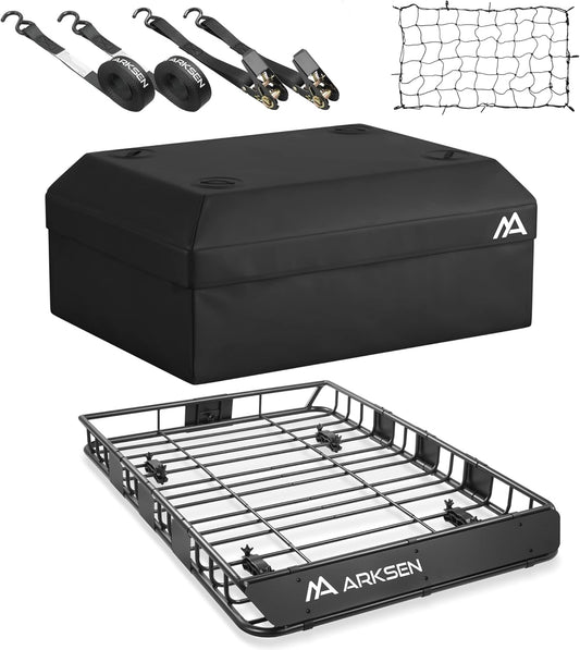 ARKSEN 54 x 39 x 5 Inch Upgrade Universal Roof Rack with Waterproof Bag, Cargo Net&2 Ratchet Straps - 150Lbs Capacity Heavy Duty Rooftop Cargo Carrier with Extension for Car, SUV & Pickup