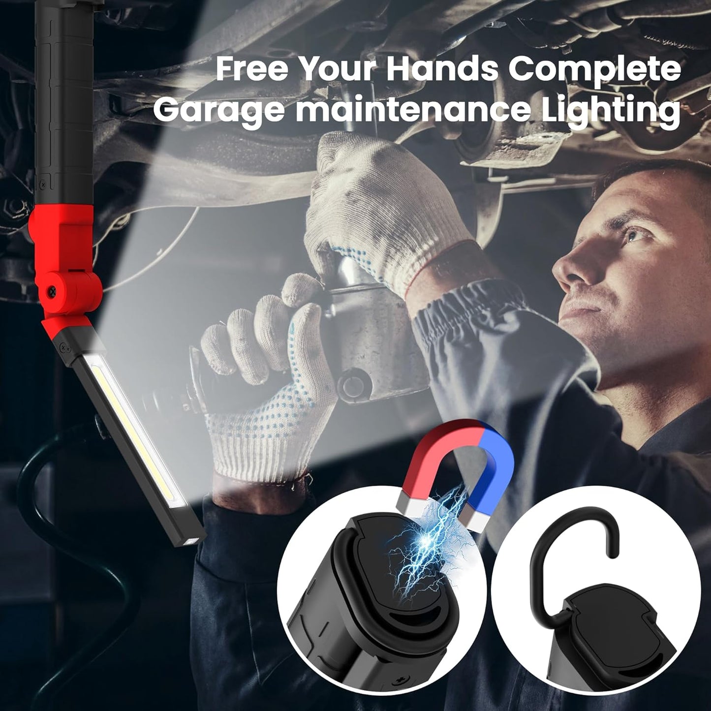 Rechargeable Work Light 2200mAh Magnetic LED Work Light Flashlight Mechanic Light Tool Gifts for Men Him, Foldable Lamp with Hook for Car Repair Emergency BBQ Grill (4 Pack)