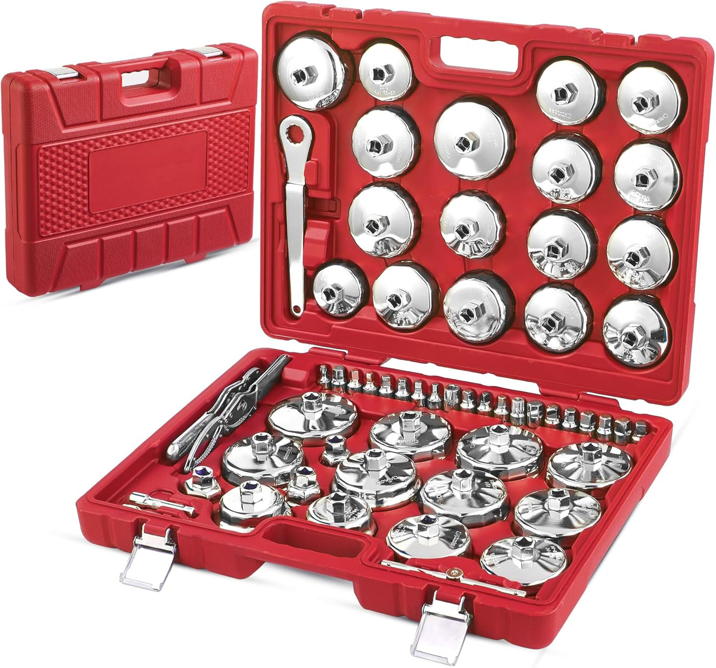 Auto Oil Filter Socket Wrench Set, Cup Type 1/2 inch Drive Cap Removal Tool, with Drain Plug Socket Set/Adjustable/Drive, Compatible, all Models Car, SUV, Oil Filter (58, RED)