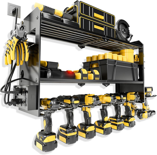 Power Tool Organizer Wall Mount with Charging Station, Cordless Drill and Battery Holder Shelf for Garage Organization,Heavy Duty Metal Tool Rack Storage, Load 300lbs, Built in 5 Outlet Power Strip