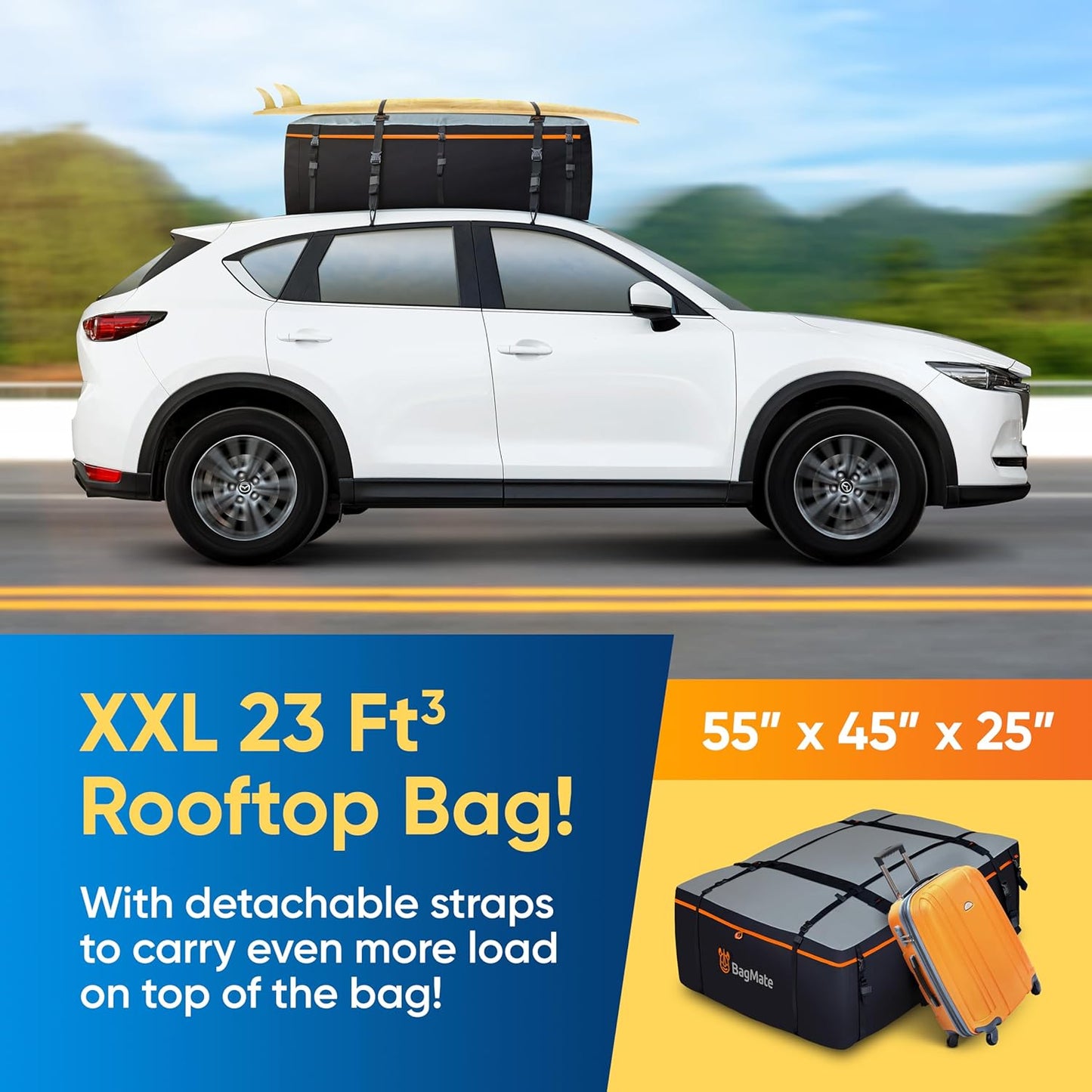 Heavy-Duty Waterproof Roof Bag – 23 Cubic Feet Rooftop Cargo Carrier, Soft Luggage Carrier with Protective Mat (Roofbag for SUVs and Cars) – Compatible with Racks or Without