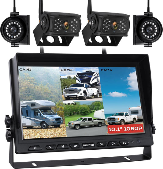 10.1" Wireless RV Backup Camera System, 2 Rear Cameras & 2 Side Cameras for Reversing/Monitoring Trailer Truck Pickup Camper, 1080P DVR Monitor, IP69K Waterproof IR Night Vision Camera, WN4