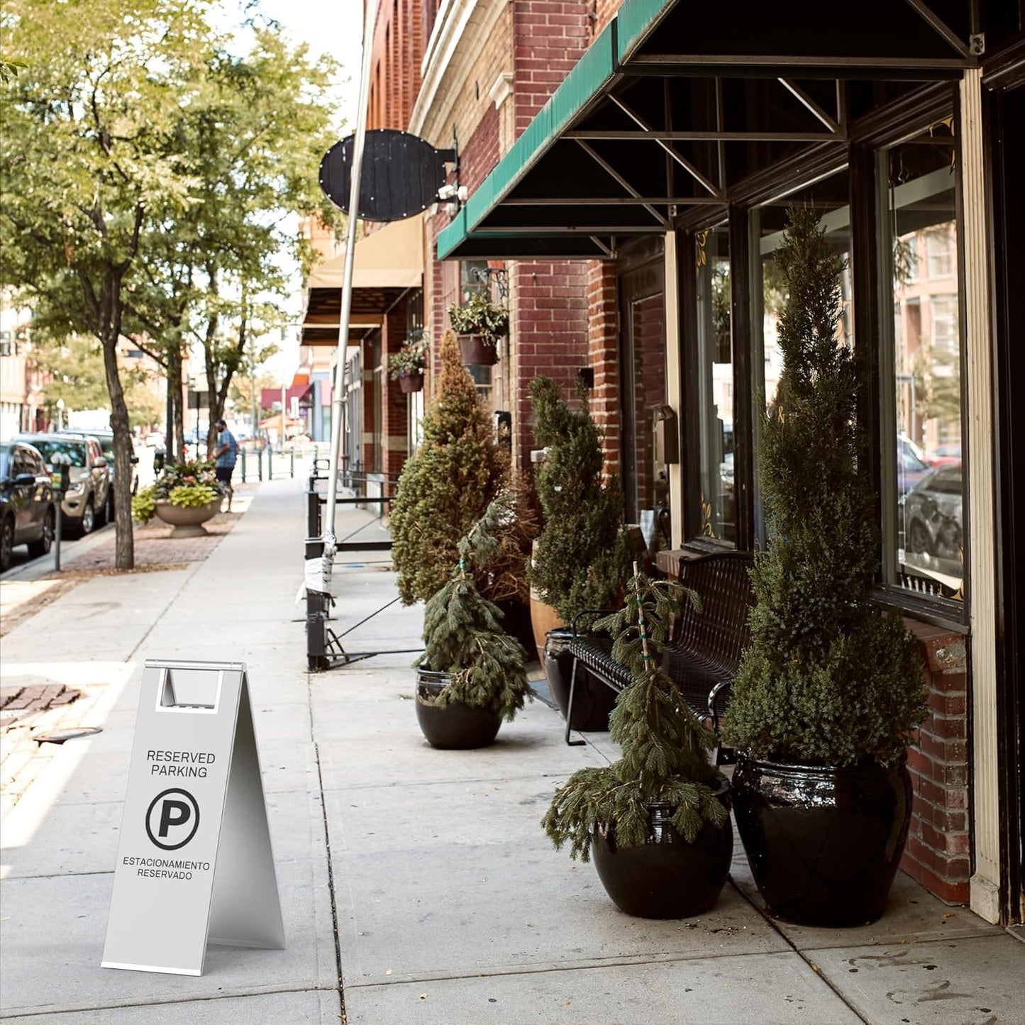 Reserved Parking Sign – Foldable Heavy Duty Plastic A-Frame with Bold “P” Symbol, Bilingual English & Spanish – 24" Tall Reserved Spot Marker for Storefront, Driveway, Garage – Silver