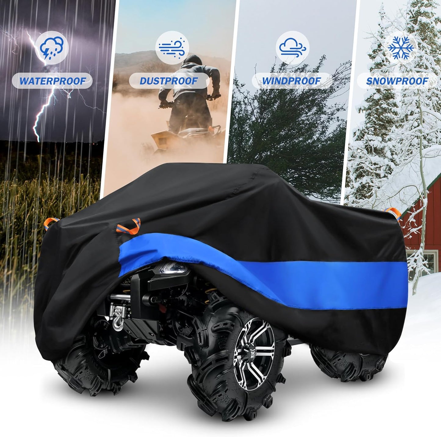 MORNYRAY ATV Cover Waterproof Heavy Duty Universal Quad Cover Outdoor Storage Cover 4 Wheeler UV Protection for Polaris Yamaha Honda Suzuki Kawasaki (Black, A4-100.8''L x 43.3''W x 47.2''H)