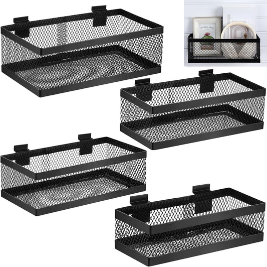 Coume 4 Pcs Black Slatwall Baskets 4 Size Metal Mesh Wire Basket for Slatwall Panels Ventilated Wall Mounted Hanging Accessories for Home Garage Retail Store Display Organizing (Big Size)