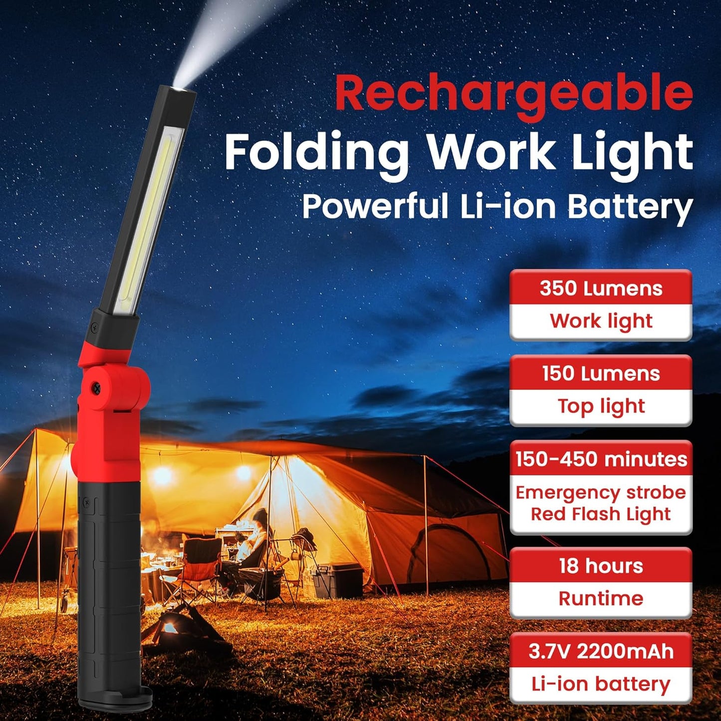 Rechargeable Work Light 2200mAh Magnetic LED Work Light Flashlight Mechanic Light Tool Gifts for Men Him, Foldable Lamp with Hook for Car Repair Emergency BBQ Grill (4 Pack)