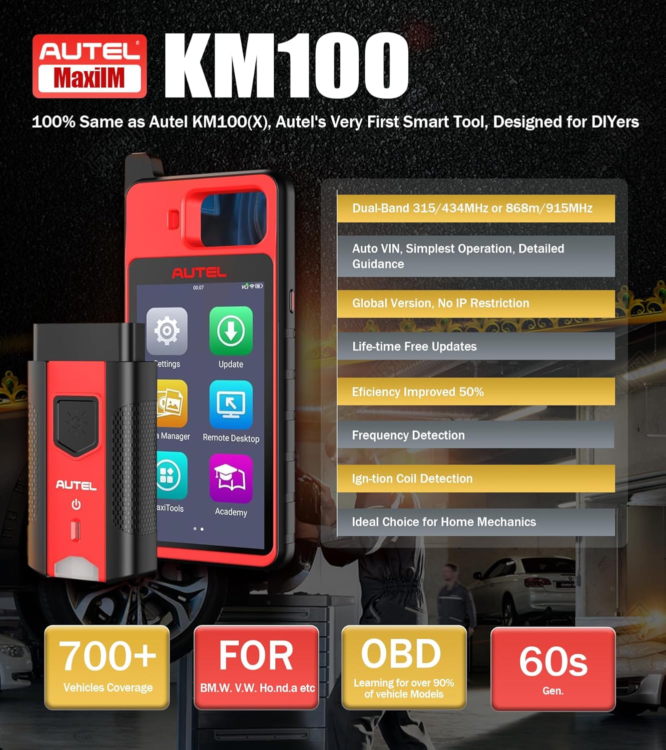 Autel KM100 Scanner Same as KM100X/E, Lite of IM508S Pro IM608 PRO 2 Programming Tool Free Update OBD Learning On 99% Car, Scan VIN/License Built-in APB112
