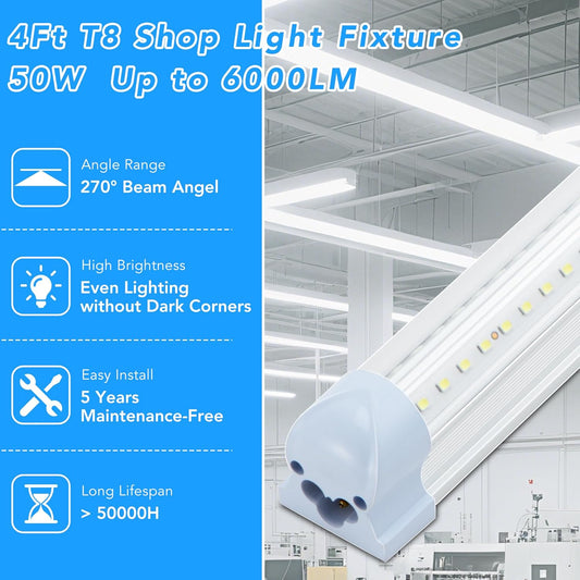 T8 LED Shop Lights 4FT, 4 Pack LED Garage Lights 50W 9600LM 6000K, Linkable Work Light, Plug & Play Energy-Saving Workshop Lighting for Warehouse Basement Classroom(V2)