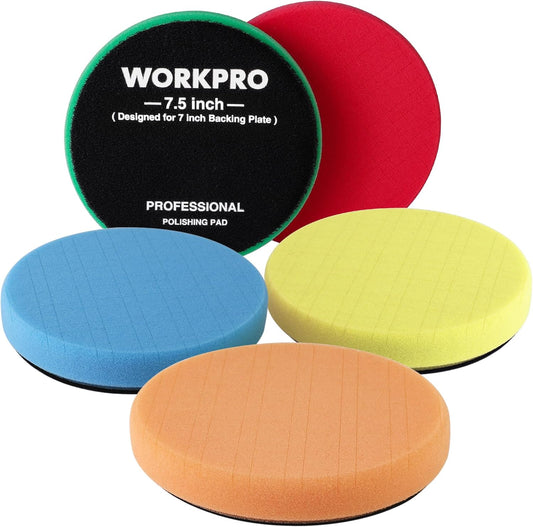WORKPRO 7.5 Inch Buffing Sponge Pads, 5Pcs 7.5 Inch Face for 7 Inch Backing Plate, Cutting Polishing Pad Kit for Car Buffer Polisher Compounding, Polishing and Waxing