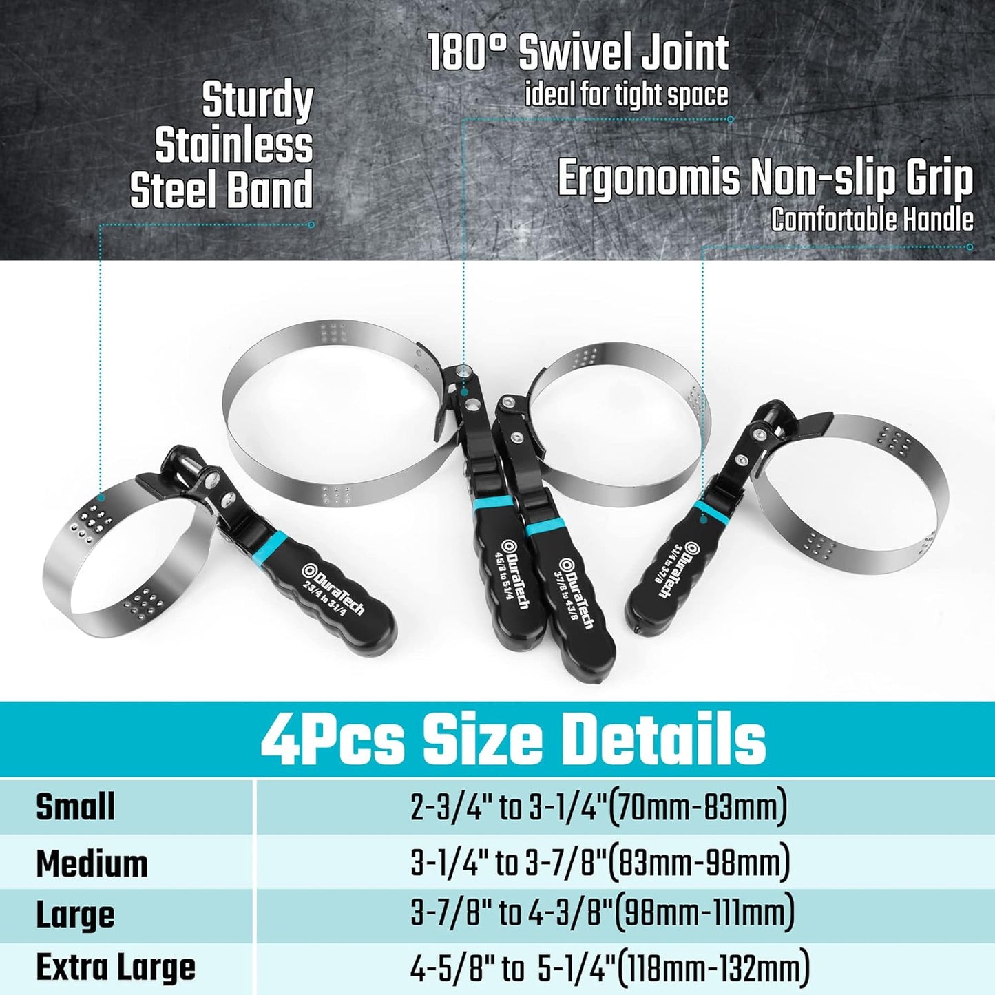 DURATECH 8-Piece Oil Filter Swivel Wrench Set, Wrenches Cover 2-3/4" to 5-1/4", 9" & 12" Adjustable Oil Filter Pliers, Universal 3-Jaw Removal Tool with 1/2" to 3/8" Adapter, Organized in Storage Case