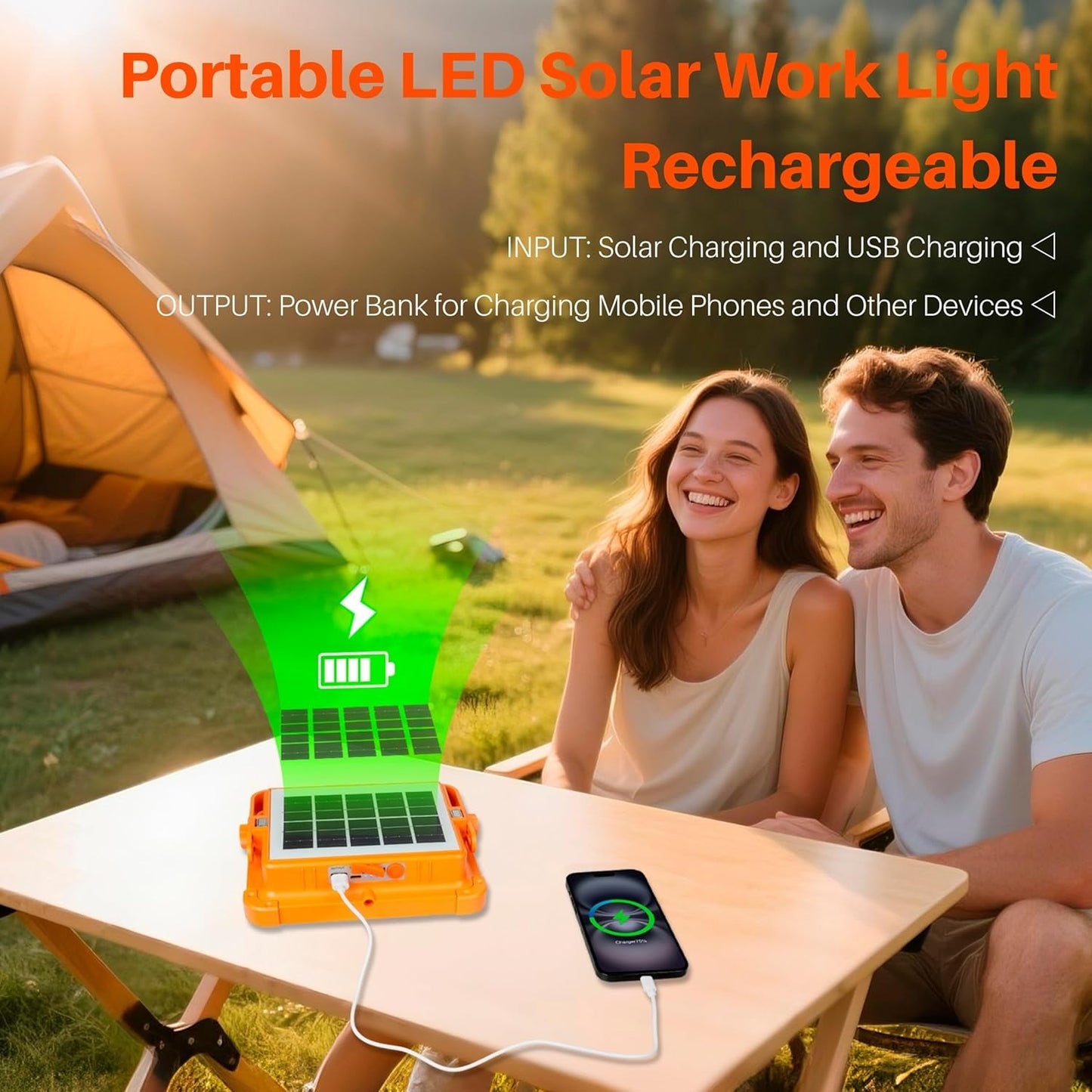 LED Solar Work Light with Magnetic, 5 Lighting Modes, IP66 Waterproof, Long Runtime, Portable Rechargeable Outdoor Working Light for Repair, Job Site, Camping, Emergency, Power Cut