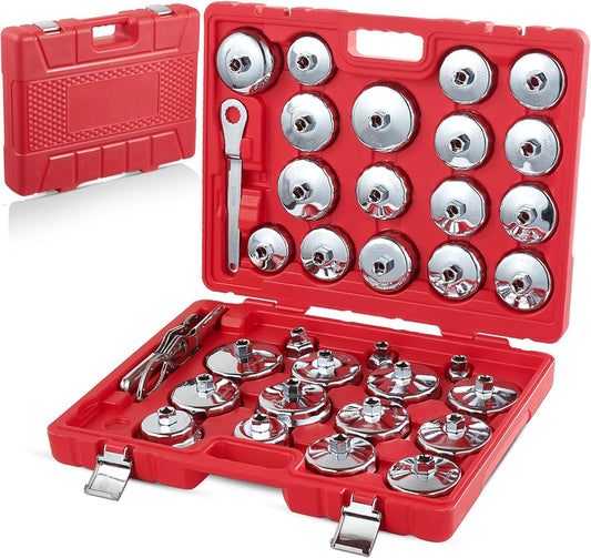 Auto Oil Filter Socket Wrench Set, Cup Type 1/2 inch Drive Cap Removal Tool, with Drain Plug Socket Set/Adjustable/Drive, Compatible, all Models Car, SUV, Oil Filter (35, RED)