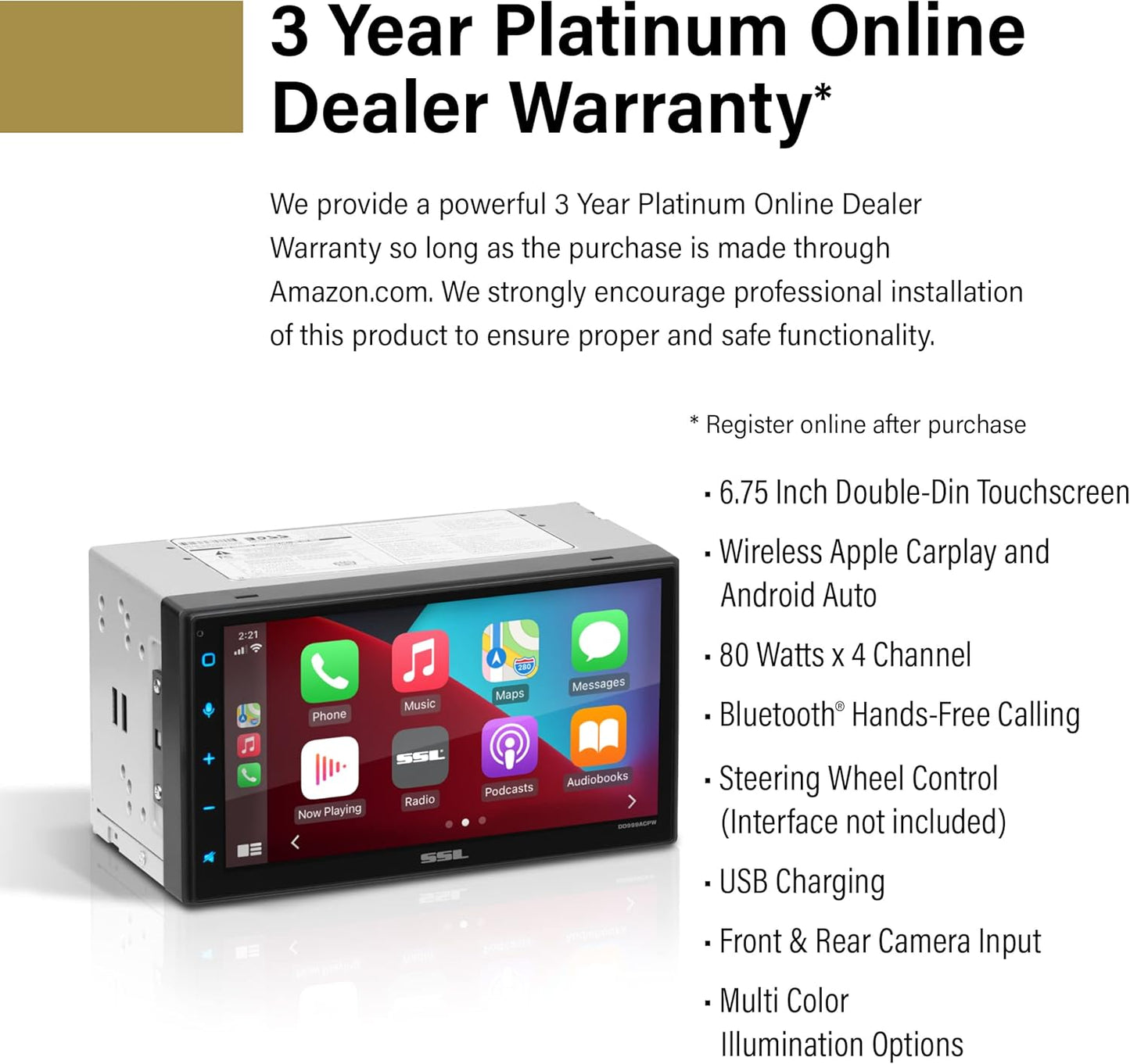 Sound Storm Laboratories DD999ACPW Wireless Apple CarPlay Android Auto Car Multimedia Player - Double-Din, 6.75 Inch Capacitive Touchscreen, Bluetooth, USB, No CD DVD Player, Multi-Color Illumination