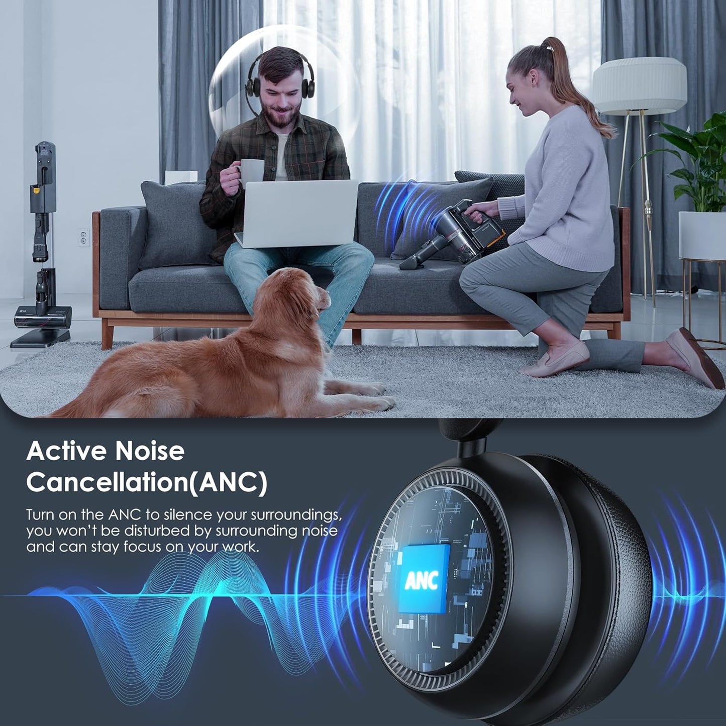 Wireless Headset with ANC & ENC, Bluetooth 5.4 Headset with USB Dongle, Wireless Headphones with Flip-to-Mute Microphone for Work from Home/Office/PC/Cell Phones