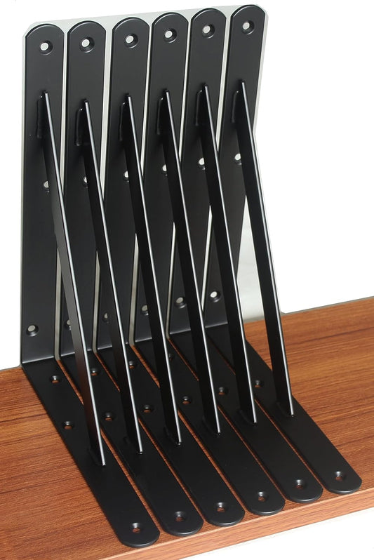 6 Pack L10 x H 8" Black Heavy Duty Shelf Brackets with Screws Metal Shelf Brackets Shelf Support Angle Brackets for Shelves L Brackets Heavy Duty Floating Shelf