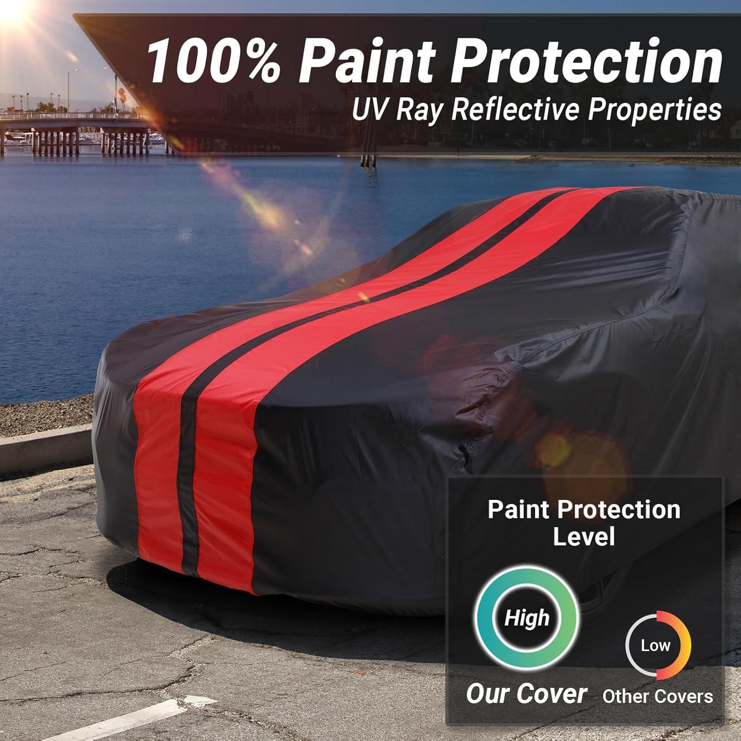 iCarCover Custom Car Cover for Chevy Kingswood (1959-1961) Waterproof All Weather Rain Snow UV Sun Protector Full Exterior Indoor Outdoor Car Cover (Stripe - Black/Red)