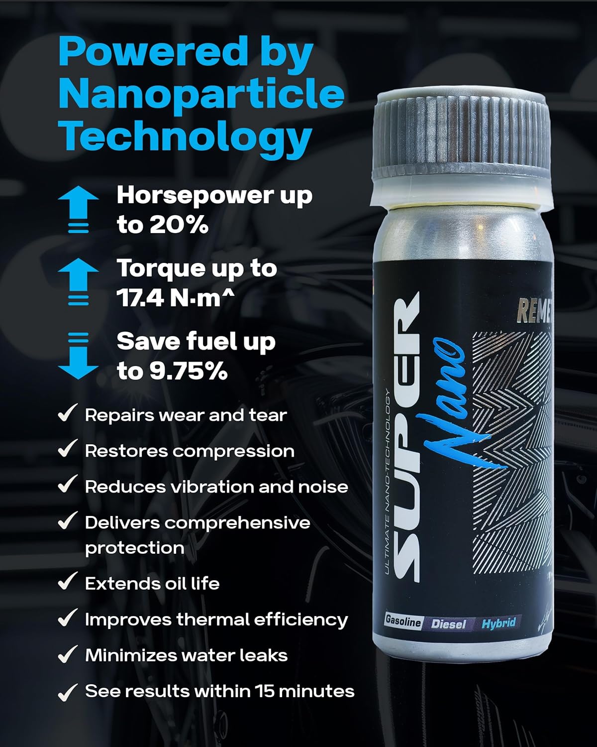 Pro Oil Additive for Car Engine - SuperNano Engine Remetalizer - Engine Flush with Advanced Nanoparticle Technology for Engine Wear Repair and Oil Treatment - Compatible with Gas, Diesel & Hybrid-50g