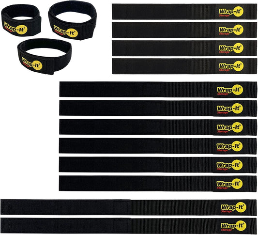Quick-Straps by Wrap-It Storage - Assorted 12-Pack (Black) - Hook and Loop Hose and Cable Organizers