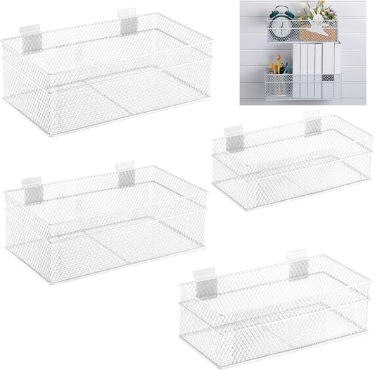 Barydat 4 Pcs Slatwall Basket Set Ventilated Metal Slatwall Basket Hanging Wire Bins Wall Mounted Accessories for Panel Garage Storage Display Organizing(Multi Size,White)