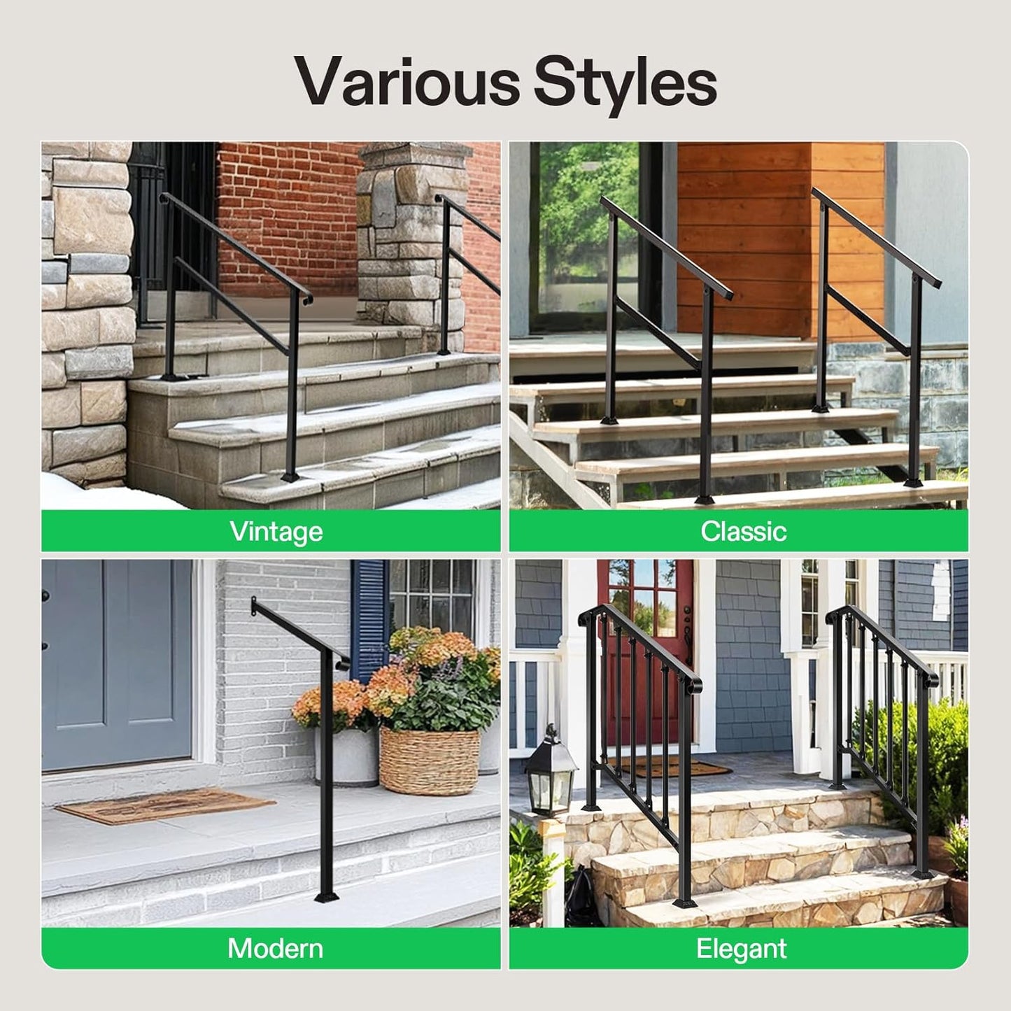 VIVOSUN Outdoor Handrail, 6-7 Step Stair Handrail, 83" x 36" Fits 1 to 7 Steps, Wrought Mattle Iron Handrail for Concrete Steps, Porch Steps, Black, HR-0004