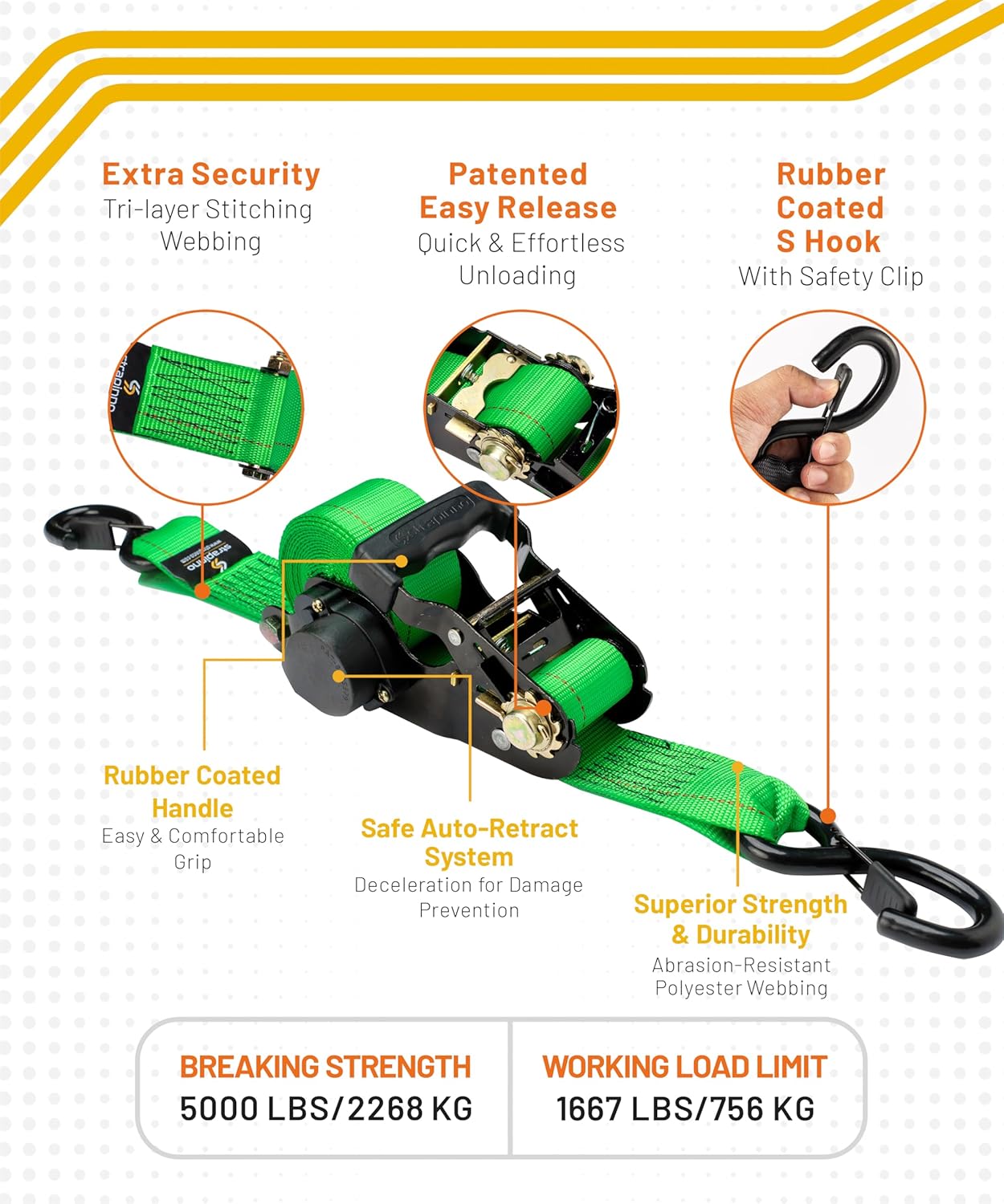 Strapinno Retractable Ratchet Tie-Down Straps,5,000 lbs Breaking Strength- 2 in x 12 ft Heavy Duty Ratchet Strap with Safety Lock S Hooks for Motorcycles, ATVs, UTVs, Lawn Equipment & Cargo (Green)